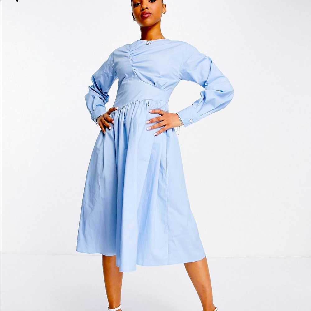 Asos Blue shirred waist long sleeve fit and flare smock dress